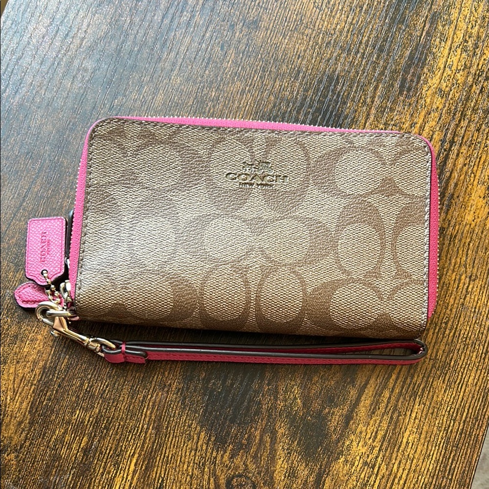 Coach Pink and Brown Clutch Wristlet with Monogram Design